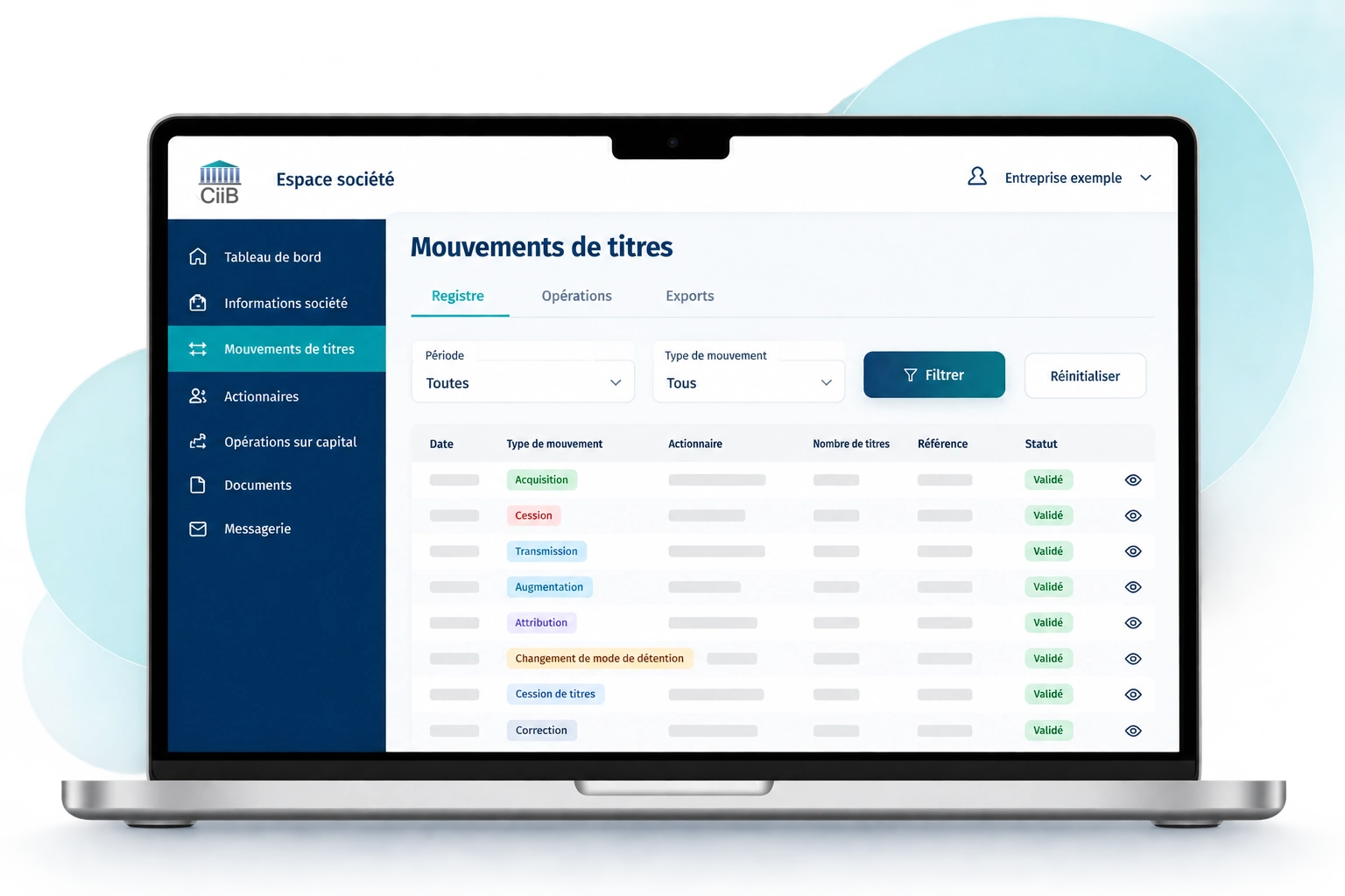 Consultation du registre des mouvements de titres depuis l’Espace société CiiB